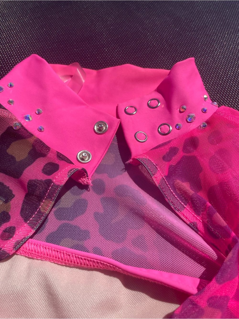 Hot Pink Leopard Mesh Rhinestone Leotard Dance Gymnastics Costume - Picture 6 of 9
